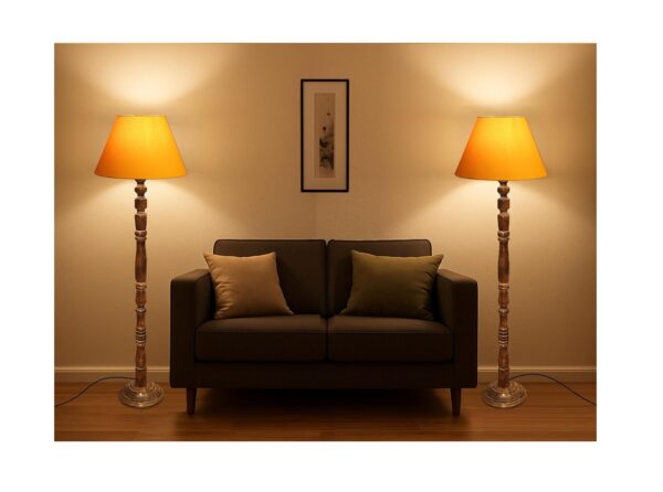Pack of 2 Rustic Wood Conical Floor Lamp, Standing Light for Home Decor Living Room Bedroom & Dining Room Hotels Restaurant & Cafe and Gifting Items Complete Set- (Yellow)