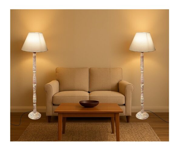 Pack of 2| Rustic Wood Floor Lamp, Standing Light for Home Decor Living Room Bedroom & Dining Room Hotels Restaurant & Cafe and Gifting Items Complete Set- (White)