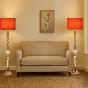 Pack of 2| Rustic Wood Drum Floor Lamp, Light Decoration for Home Corner,Living Room & Bedroom Bedside Floor Lamp, Antique Floor Light for Hotel and Restaurant Complete Set- (Orange)