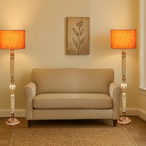 Pack of 2| Rustic Wood Drum Floor Lamp, Light Decoration for Home Corner,Living Room & Bedroom Bedside Floor Lamp, Antique Floor Light for Hotel and Restaurant Complete Set- (Orange texture)