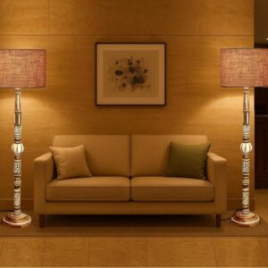 Pack of 2| Rustic Wood Drum Floor Lamp, Light Decoration for Home Corner,Living Room & Bedroom Bedside Floor Lamp, Antique Floor Light for Hotel and Restaurant Complete Set- (Natural Jute)