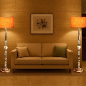 Pack of 2| Rustic Wood Drum Floor Lamp, Light Decoration for Home Corner,Living Room & Bedroom Bedside Floor Lamp, Antique Floor Light for Hotel and Restaurant Complete Set- (Orange Texture)