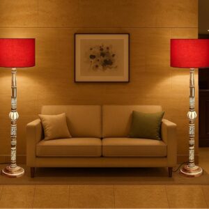 Pack of 2| Rustic Wood Drum Floor Lamp, Light Decoration for Home Corner,Living Room & Bedroom Bedside Floor Lamp, Antique Floor Light for Hotel and Restaurant Complete Set- (Red)