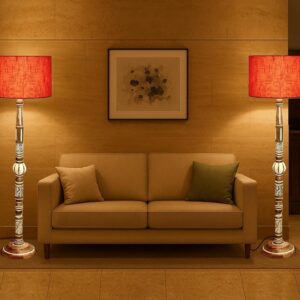 Pack of 2| Rustic Wood Drum Floor Lamp, Light Decoration for Home Corner,Living Room & Bedroom Bedside Floor Lamp, Antique Floor Light for Hotel and Restaurant Complete Set- (Red Texture)