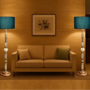 Pack of 2| Rustic Wood Drum Floor Lamp, Light Decoration for Home Corner,Living Room & Bedroom Bedside Floor Lamp, Antique Floor Light for Hotel and Restaurant Complete Set- (Teal)