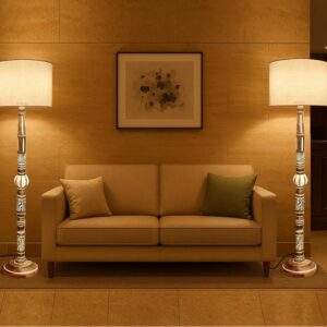 Pack of 2| Rustic Wood Drum Floor Lamp, Light Decoration for Home Corner,Living Room & Bedroom Bedside Floor Lamp, Antique Floor Light for Hotel and Restaurant Complete Set- (White)