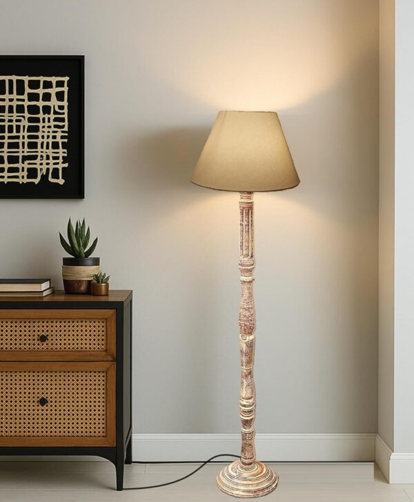 Pack of 2| Rustic Wood Floor Lamp, Standing Light for Home Decor Living Room Bedroom & Dining Room Hotels Restaurant & Cafe and Gifting Items Complete Set- (Cream) - Image 2