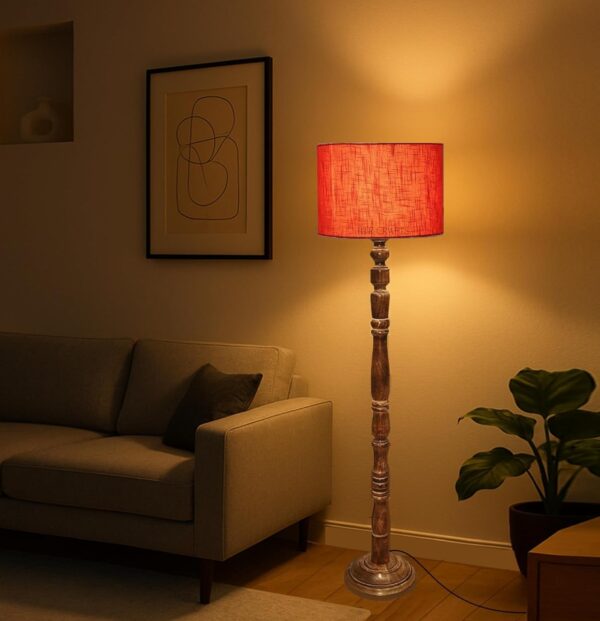 Pack of 2 Rustic Wood Drum Floor Lamp, Light Decoration for Home Corner,Living Room & Bedroom Bedside Floor Lamp, Antique Floor Light for Hotel and Restaurant Complete Set-(Red texture) - Image 3