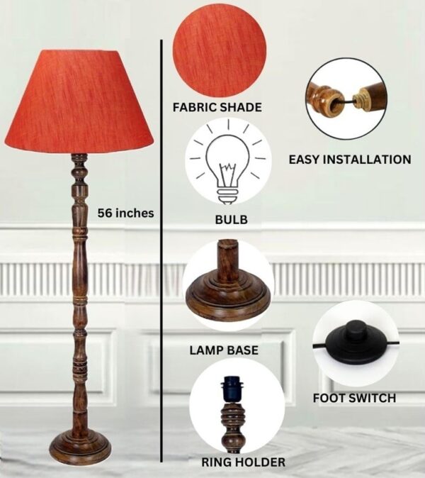 Pack of 2 Rustic Wood Conical Floor Lamp, Standing Light for Home Decor Living Room Bedroom & Dining Room Hotels Restaurant & Cafe and Gifting Items Complete Set- (Red Texture) - Image 4