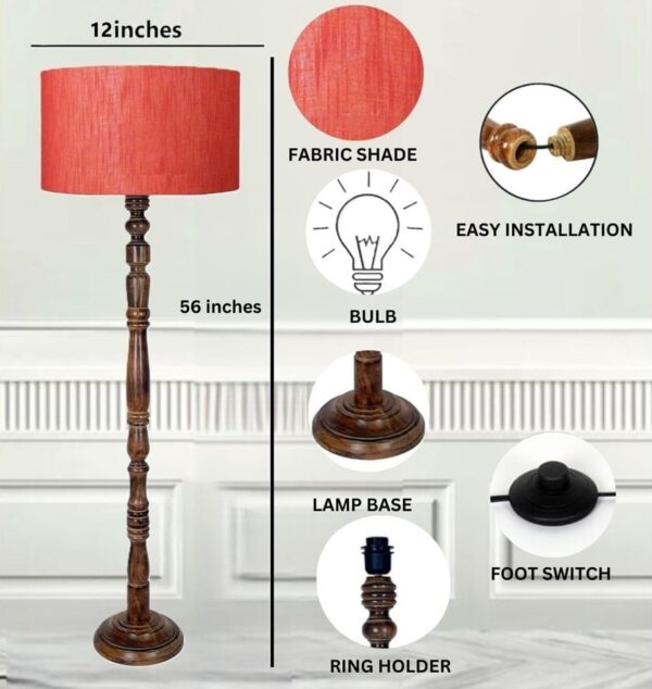 Pack of 2 Rustic Wood Drum Floor Lamp, Light Decoration for Home Corner,Living Room & Bedroom Bedside Floor Lamp, Antique Floor Light for Hotel and Restaurant Complete Set-(Red texture) - Image 4