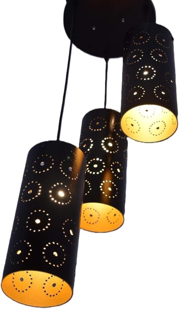 3-Tier Black Inner Gold Cylinder Hanging/Pendant Light with Round Imprints for Home Decor, Hotels, Restaurants & Cafe Black & Gold (Round) - Image 6