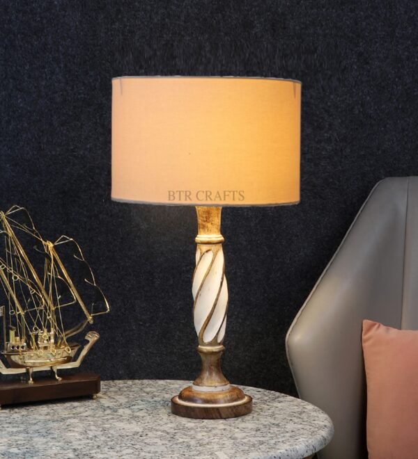 Twister Wooden Table Lamp, Side Table lamp for Bedroom, Night Table lamp Complete Set-(Cream)