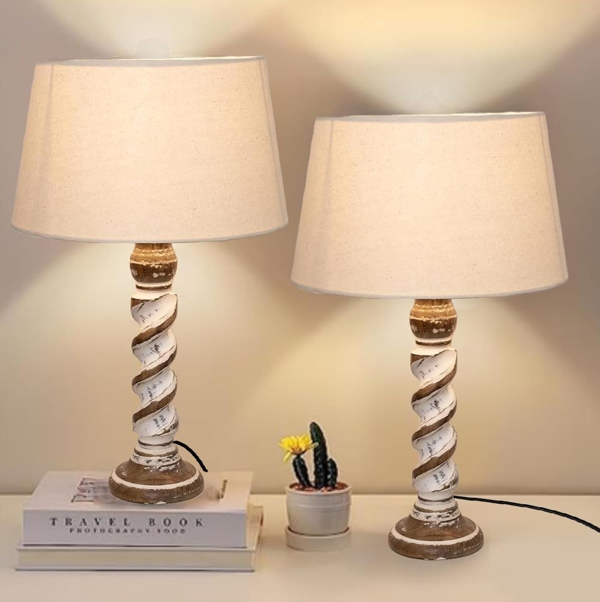 Rustic Wooden Table lamp for Home Decor, Living Room, Bedroom, Office, Farmhouse Entryway & Hallway Lamp, Pack of 2 (Twister Faded White)