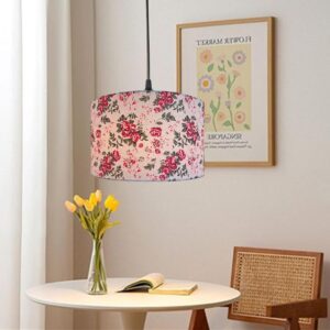 Ethnic Red Daisy Pendant Light, Hanging Ceiling Light Fixture Suitable for Bedroom Living and Dining Room & Cultural or Themed Spaces, Silver/Black Canopy (14 Inches)