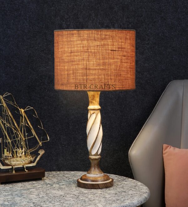 Twister Wooden Table Lamp, Side Table lamp for Bedroom, Night Table lamp Complete Set-(Natural jute)
