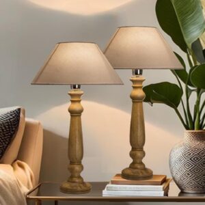 Mabel Rustic Wooden Table Lamp with White Shade, Decorative Desk Light, Night Lamp, Perfect for Bedside & Corner Or Centre Table, Home Decor & Gift Item Pack of 2