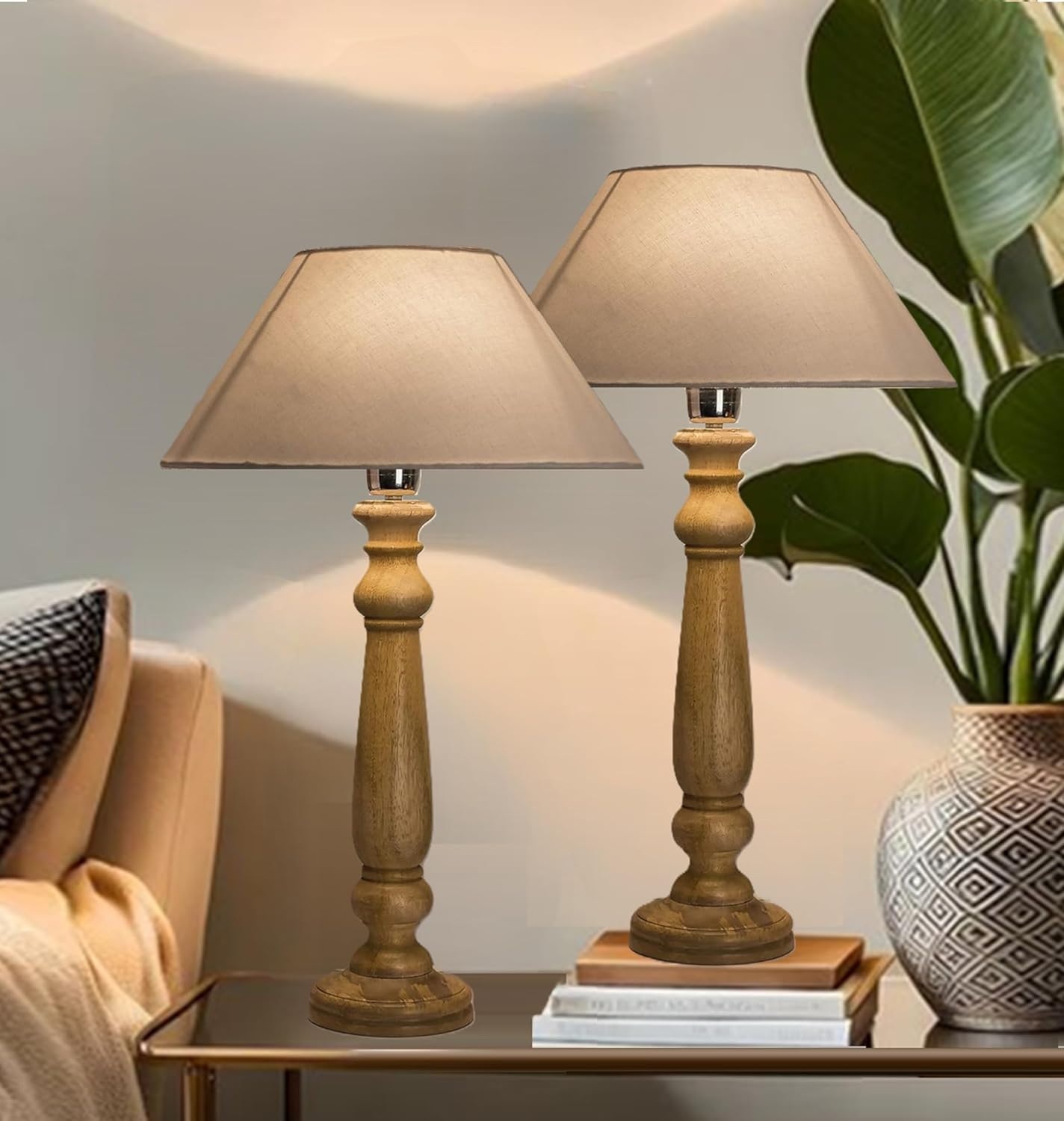 Mabel Rustic Wooden Table Lamp with White Shade, Decorative Desk Light, Night Lamp, Perfect for Bedside & Corner Or Centre Table, Home Decor & Gift Item Pack of 2