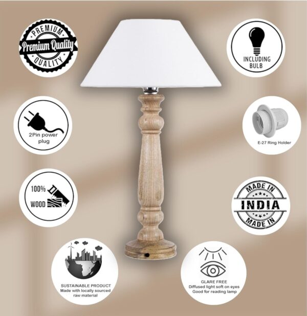 Mabel Rustic Wooden Table Lamp with White Shade, Decorative Desk Light, Night Lamp, Perfect for Bedside & Corner Or Centre Table, Home Decor & Gift Item Pack of 2 - Image 6