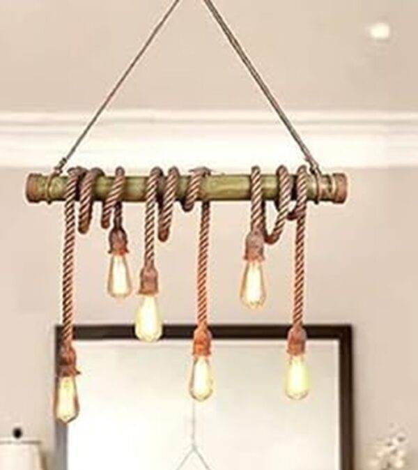 Pendant Lighting Hemp Rope Bamboo Antique Retro Loft Island Hanging Pendant Lamp Ceiling Fixture with 6 Lights (Natural Rope) - Image 3