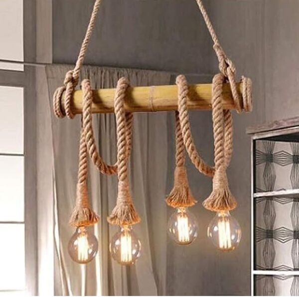 Pendant Lighting Hemp Rope Bamboo Antique Retro Loft Island Hanging Pendant Lamp Ceiling Fixture with 6 Lights (Natural Rope) - Image 2