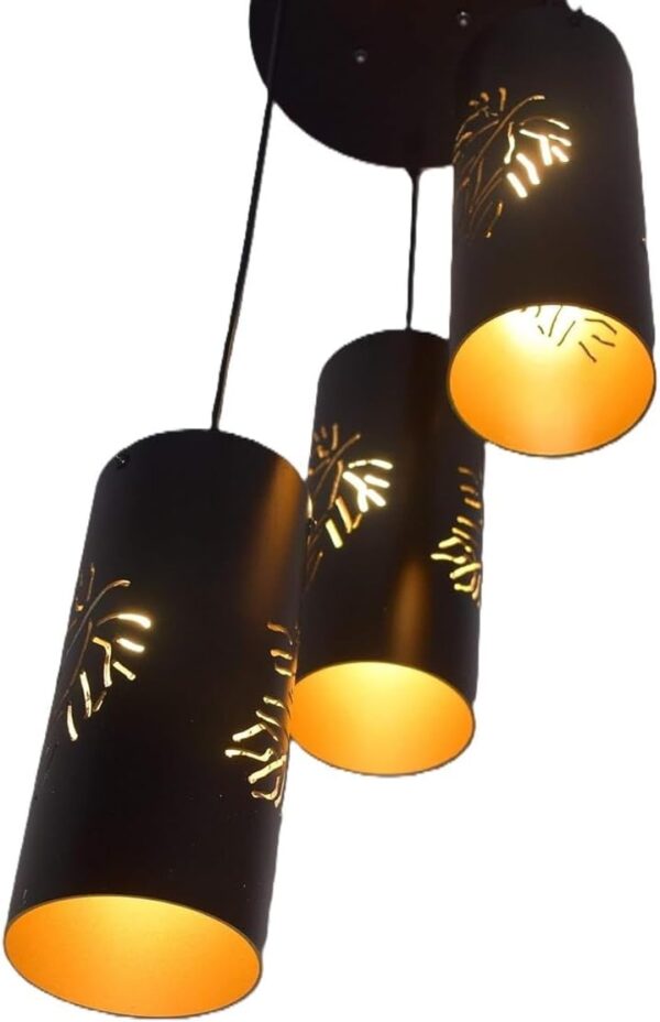 3-Tier Black Inner Gold Cylinder Hanging/Pendant Light with Leaf Imprints for Home Decor, Hotels, Restaurants & Cafe Black & Gold (Leaf) - Image 6