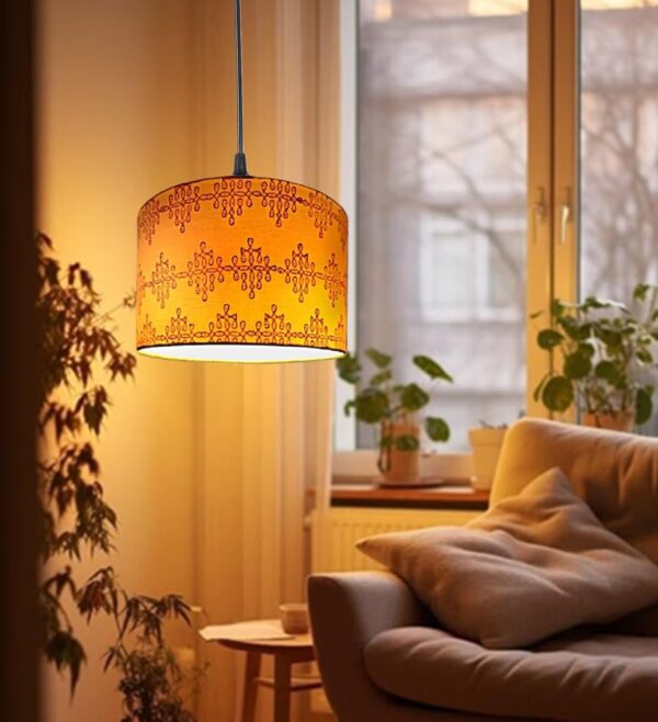 Mustered Yellow Block Printed Pendant Light, Suitable for Bedroom Hallway Cafe Hotels & Cultural or Themed Spaces, Silver/Black Canopy (12 Inches)