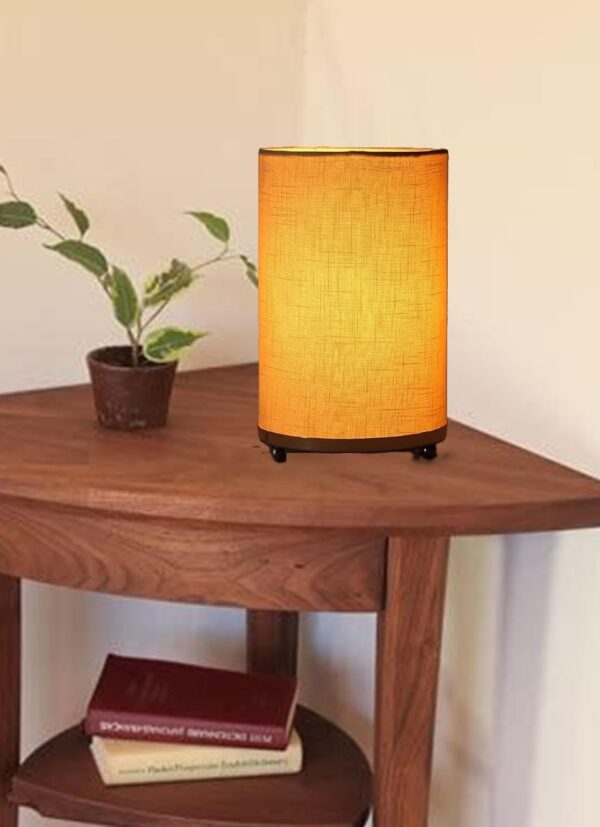 Small Round Table Lamp with Attached Metal Stand for Bedside, Study Table, Home Décor (Mustered Yellow)