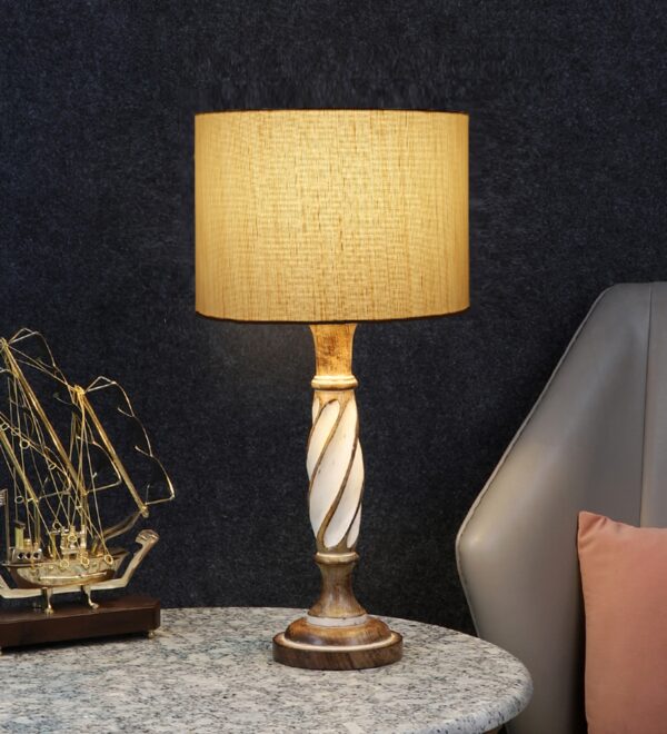Twister Wooden Table Lamp, Side Table lamp for Bedroom, Night Table lamp Complete Set-(Cream Texture)