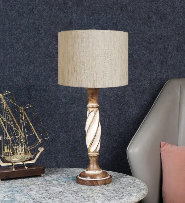 Twister Wooden Table Lamp, Side Table lamp for Bedroom, Night Table lamp Complete Set-(Cream Texture) - Image 2