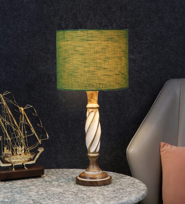 Twister Wooden Table Lamp, Side Table lamp for Bedroom, Night Table lamp Complete Set-(Green Texture)