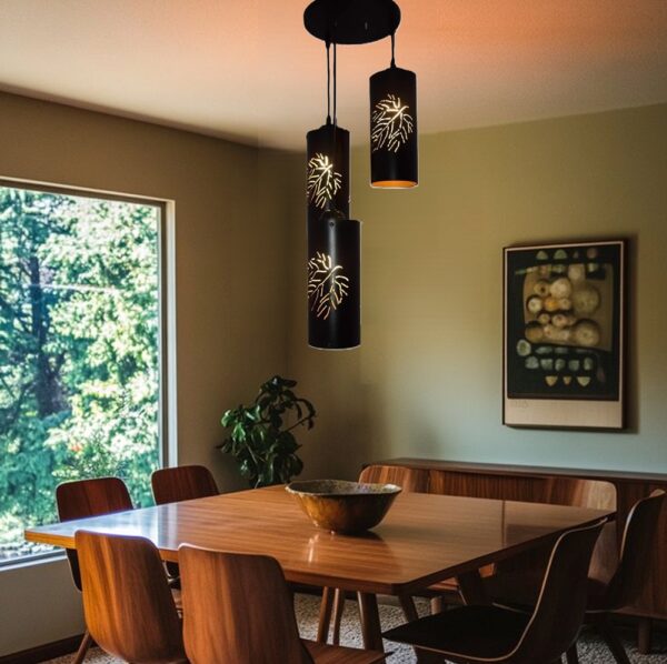 3-Tier Black Inner Gold Cylinder Hanging/Pendant Light with Leaf Imprints for Home Decor, Hotels, Restaurants & Cafe Black & Gold (Leaf)