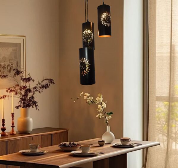 3-Tier Black Inner Gold Cylinder Hanging/Pendant Light Black & Gold (Flower)