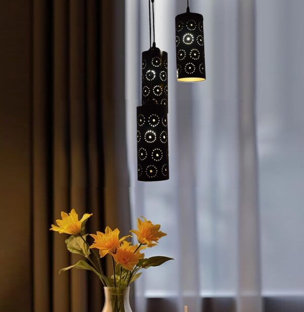 3-Tier Black Inner Gold Cylinder Hanging/Pendant Light with Round Imprints for Home Decor, Hotels, Restaurants & Cafe Black & Gold (Round) - Image 2