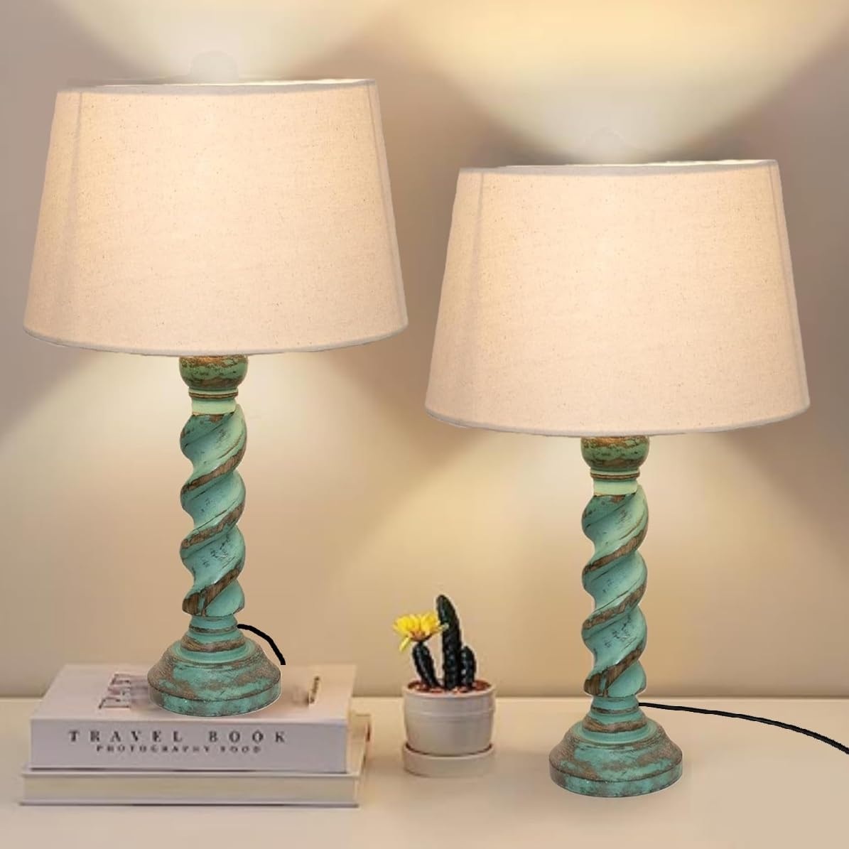 Rustic Wooden Table lamp for Home Decor, Living Room, Bedroom, Office, Farmhouse Entryway & Hallway Lamp, Pack of 2 (Twister Algae)