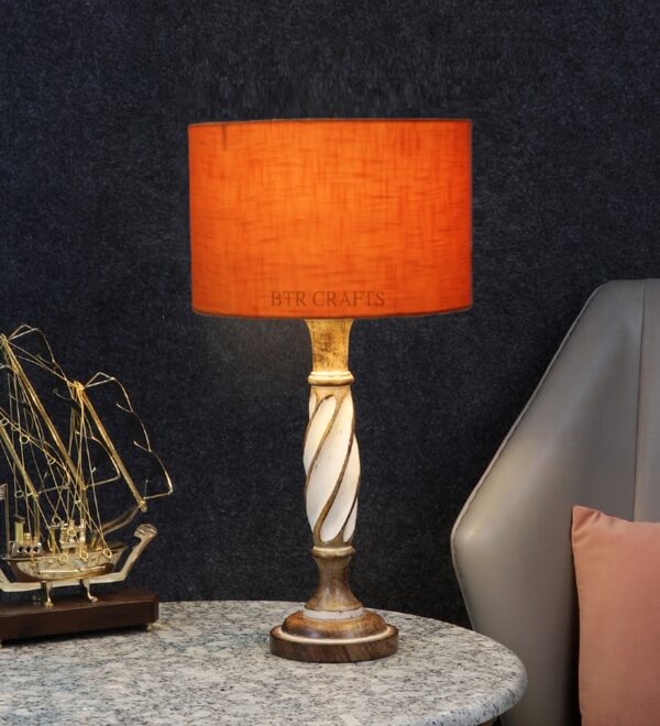 Twister Wooden Table Lamp, Side Table lamp for Bedroom, Night Table lamp Complete Set-(Orange Texture)