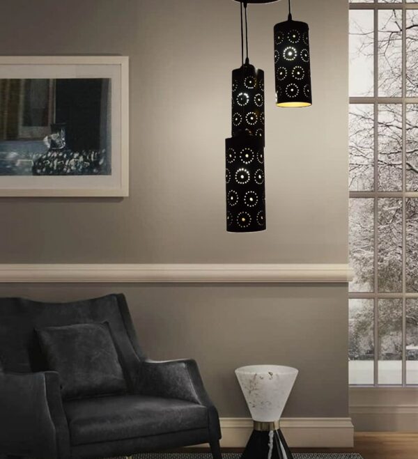 3-Tier Black Inner Gold Cylinder Hanging/Pendant Light with Round Imprints for Home Decor, Hotels, Restaurants & Cafe Black & Gold (Round) - Image 3