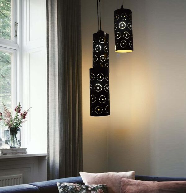 3-Tier Black Inner Gold Cylinder Hanging/Pendant Light with Round Imprints for Home Decor, Hotels, Restaurants & Cafe Black & Gold (Round)