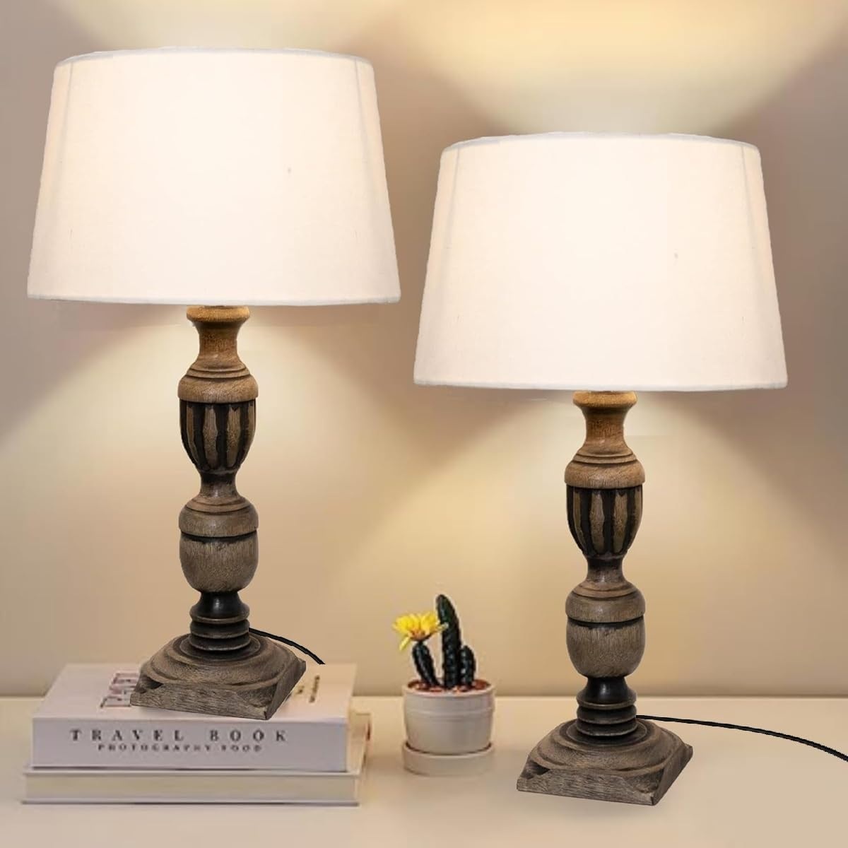 Rustic Wooden Table lamp for Home Decor, Living Room, Bedroom, Office, Farmhouse Entryway & Hallway Lamp, Pack of 2 (Antique Black Trophy)