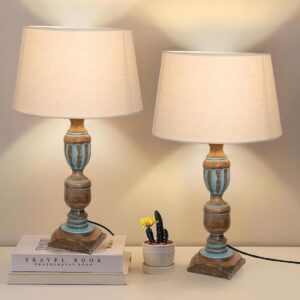 Rustic Wooden Table lamp for Home Decor, Living Room, Bedroom, Office, Farmhouse Entryway & Hallway Lamp, Pack of 2 (Antique Blue Trophy)