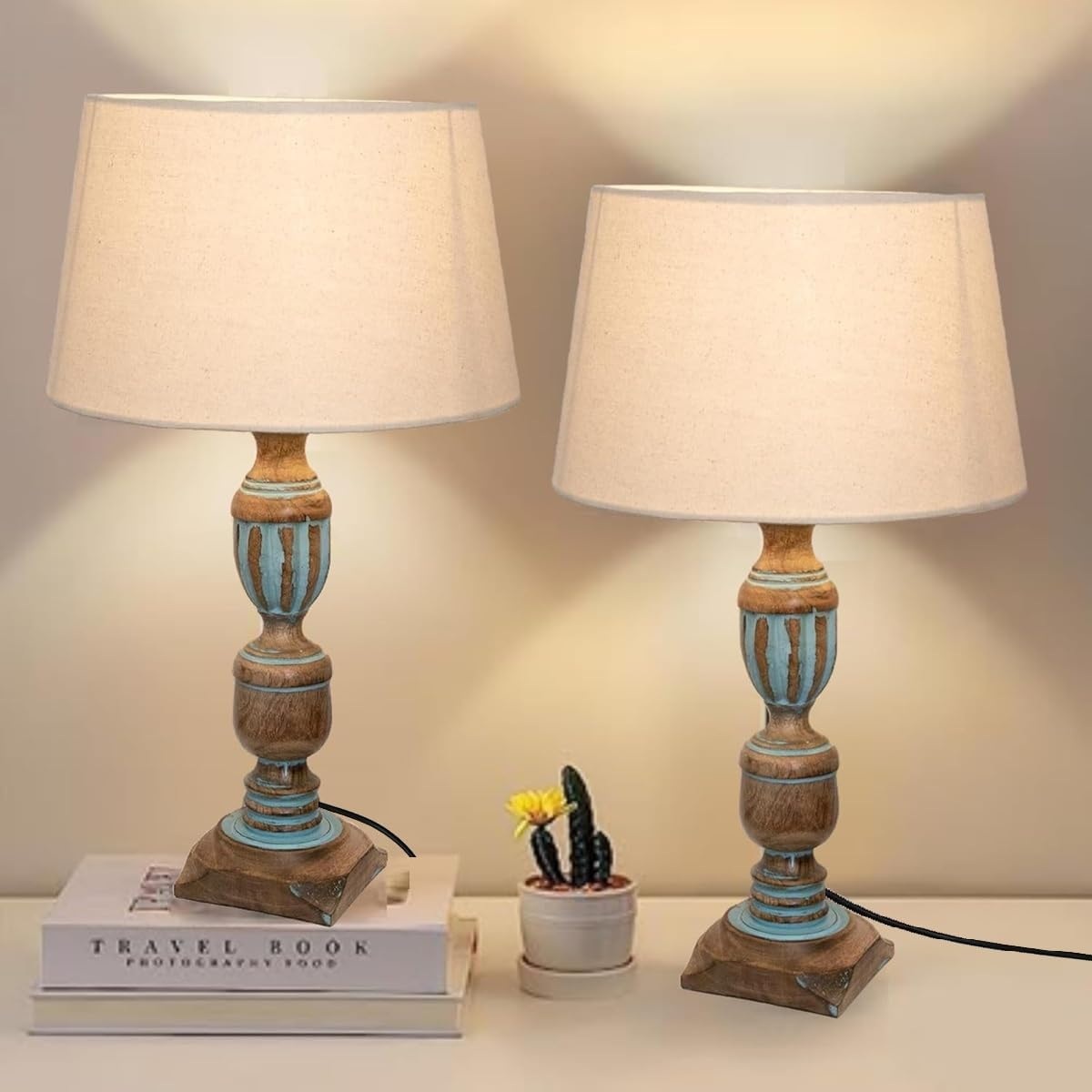 Rustic Wooden Table lamp for Home Decor, Living Room, Bedroom, Office, Farmhouse Entryway & Hallway Lamp, Pack of 2 (Antique Blue Trophy)