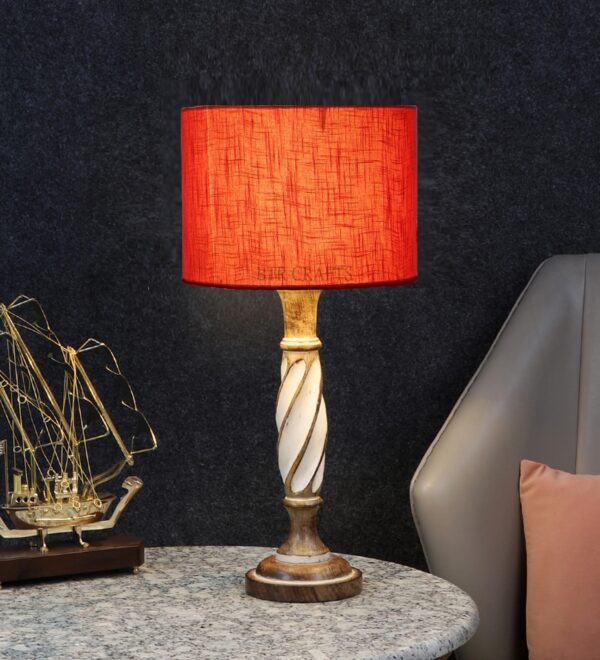 Twister Wooden Table Lamp, Side Table lamp for Bedroom, Night Table lamp Complete Set-(Red Texture)