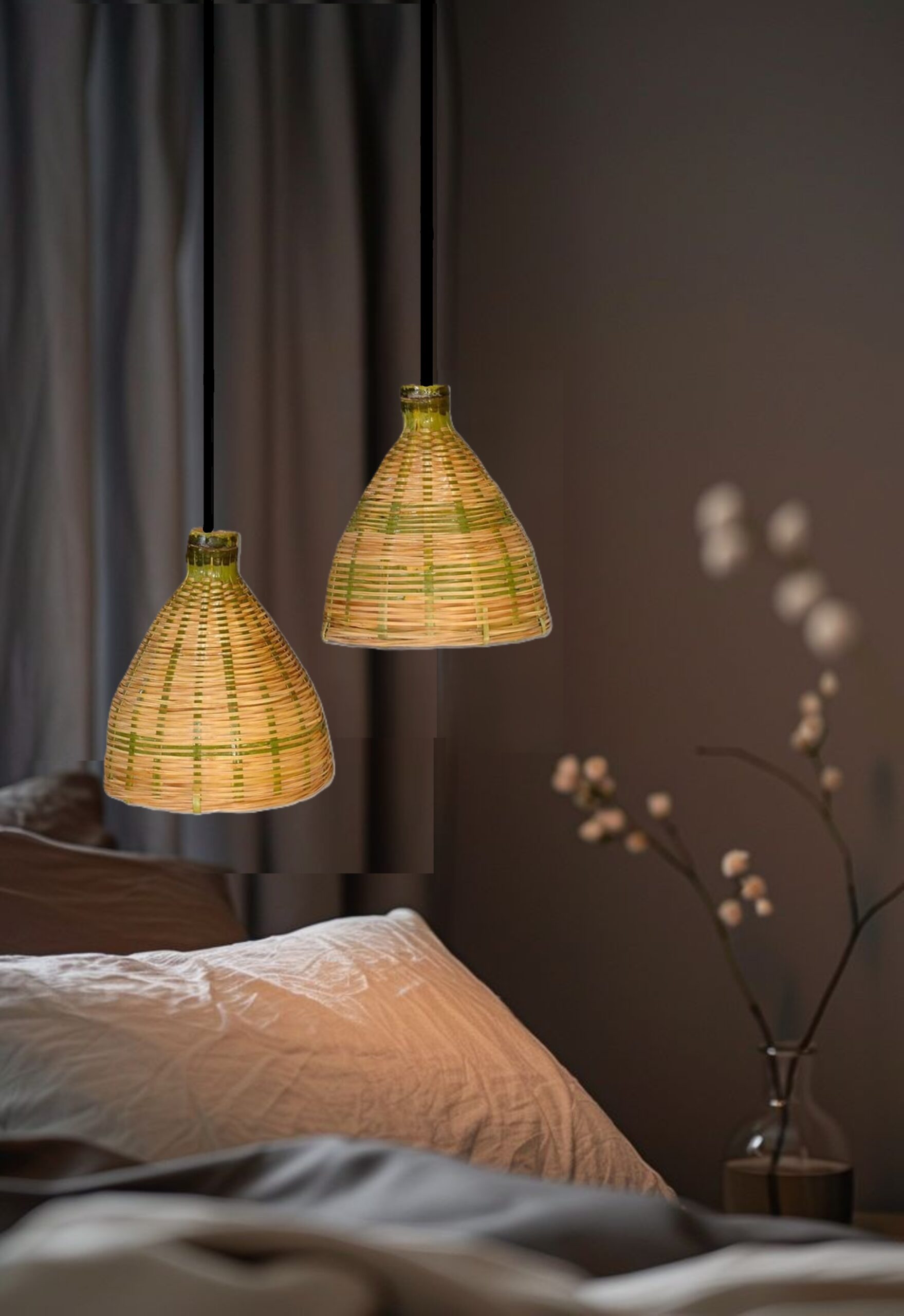 Cupola Hanging/Pendant Light, Bamboo Shade, Bulb Included(Set of 2)