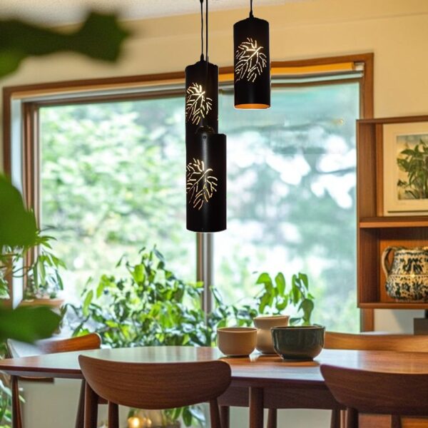 3-Tier Black Inner Gold Cylinder Hanging/Pendant Light with Leaf Imprints for Home Decor, Hotels, Restaurants & Cafe Black & Gold (Leaf) - Image 2