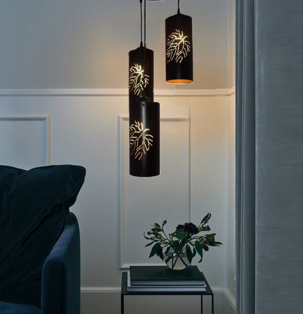 3-Tier Black Inner Gold Cylinder Hanging/Pendant Light with Leaf Imprints for Home Decor, Hotels, Restaurants & Cafe Black & Gold (Leaf) - Image 3