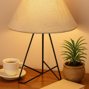 Modern Table Lamp with Iron Tripod Base and Pleated Fabric Shade – Warm Light for Bedroom, Living Room, or Study Desk(Off White Cone)