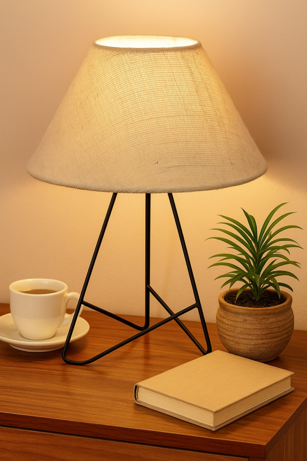 Modern Table Lamp with Iron Tripod Base and Pleated Fabric Shade – Warm Light for Bedroom, Living Room, or Study Desk(Off White Cone)