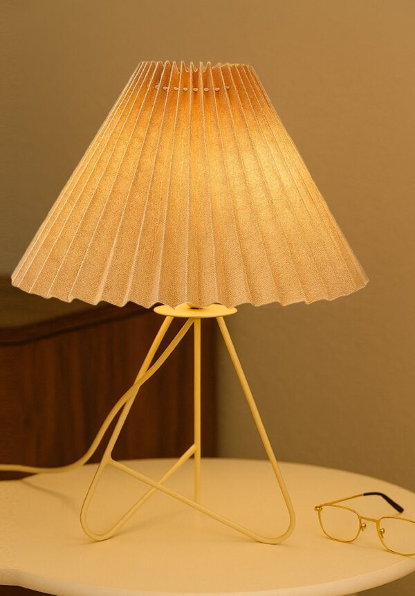 Modern Table Lamp with Iron Tripod Base and Pleated Fabric Shade – Warm Light for Bedroom, Living Room, or Study Desk(Khadi) - Image 3