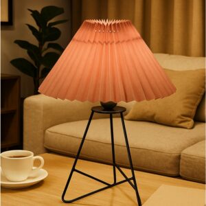 Modern Table Lamp with Iron Tripod Base and Pleated Fabric Shade – Warm Light for Bedroom, Living Room, or Study Desk(Plated Beige)