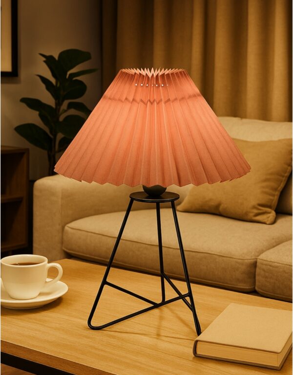 Modern Table Lamp with Iron Tripod Base and Pleated Fabric Shade – Warm Light for Bedroom, Living Room, or Study Desk(Plated Beige)