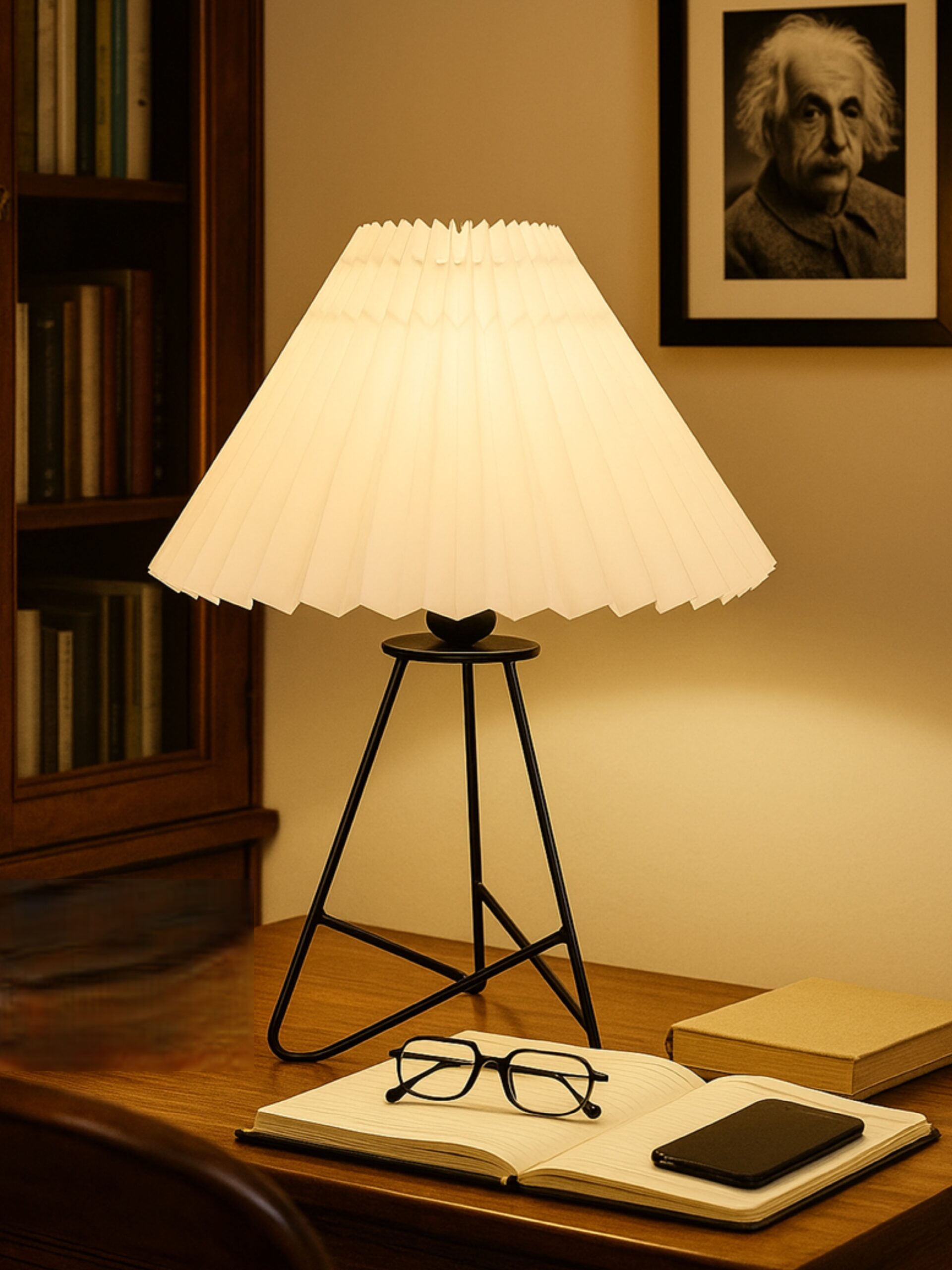 Modern Table Lamp with Iron Tripod Base and Pleated Fabric Shade – Warm Light for Bedroom, Living Room, or Study Desk(Pleated Cream)